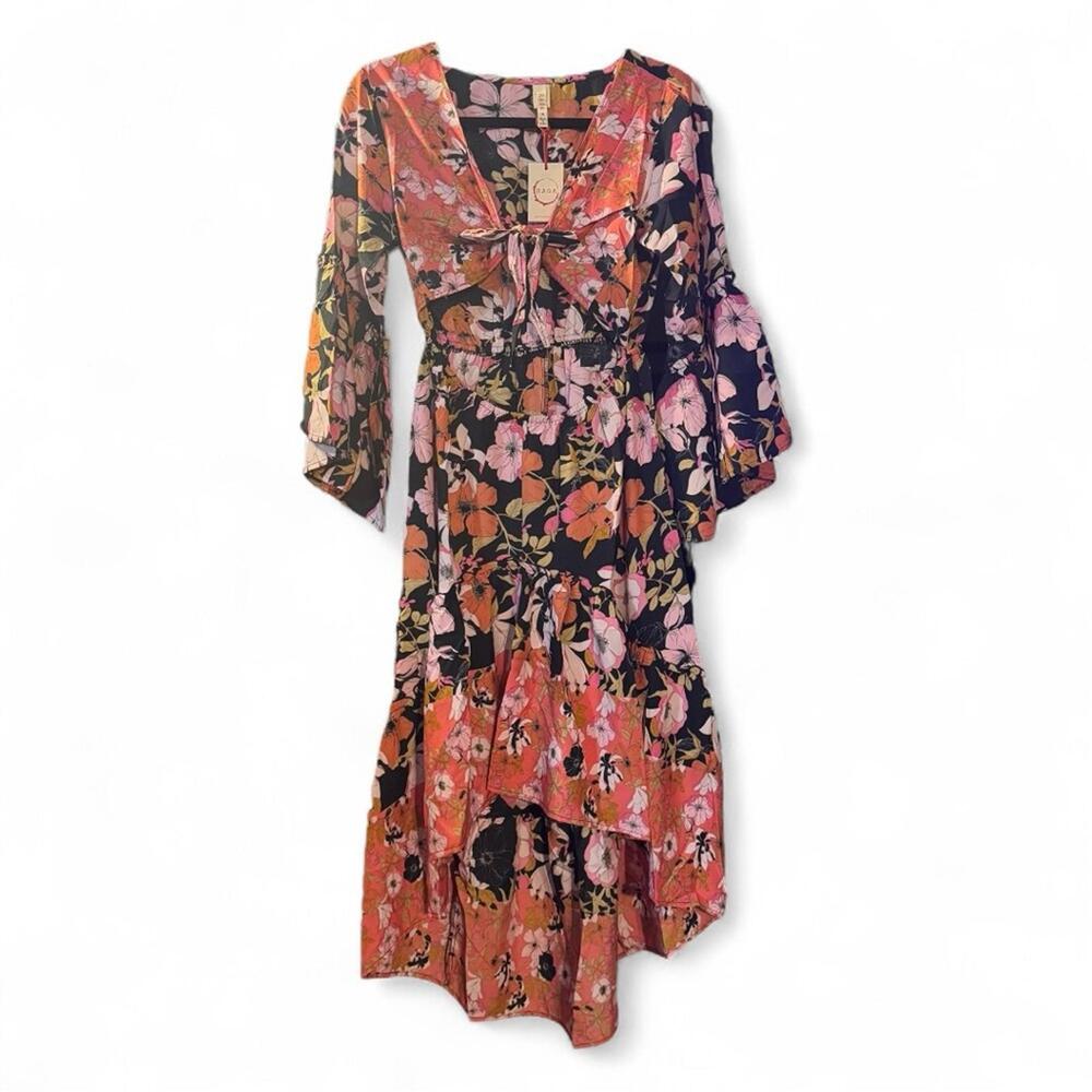 NEW RAGA Vera Floral Boho High Low Flowy Maxi Dress Tie Front Cottagecore Size S - Picture 5 of 9
